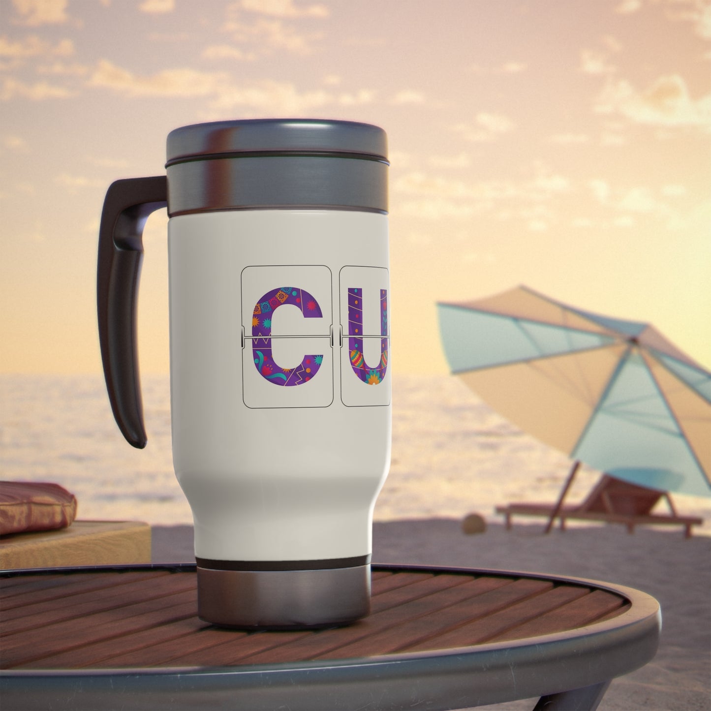 CUN - Cancun Three-Letter Code - Stainless Steel Travel Mug with Handle, 14oz